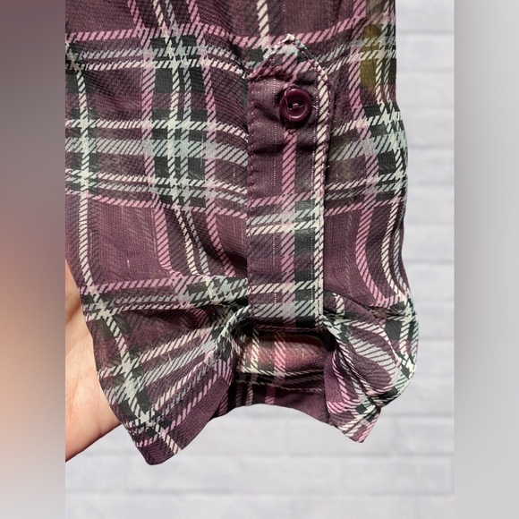VANITY Medium Sheer Purple Keyhole Neck Tie Front Long Sleeve Button Up Blouse - Picture 4 of 5